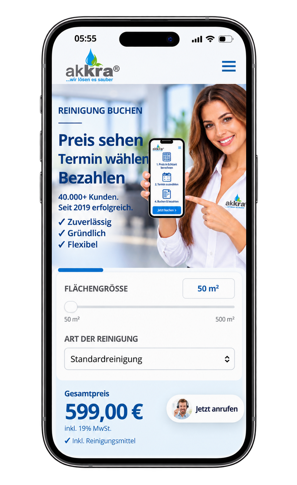 Akkra Reinigungskostenrechner auf dem Smartphone